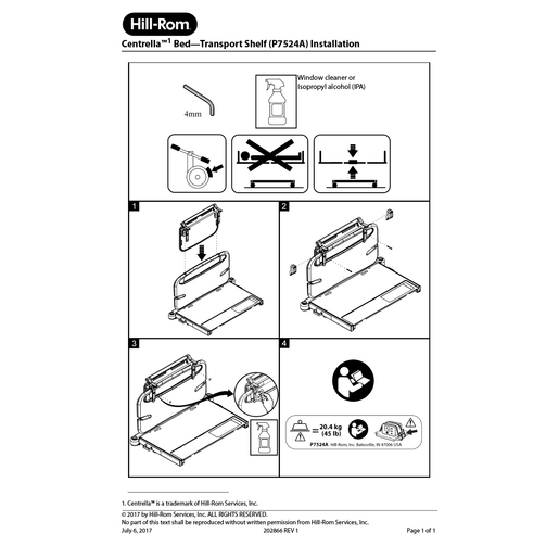 Instruction Sheet, Centrella Transport Shelf